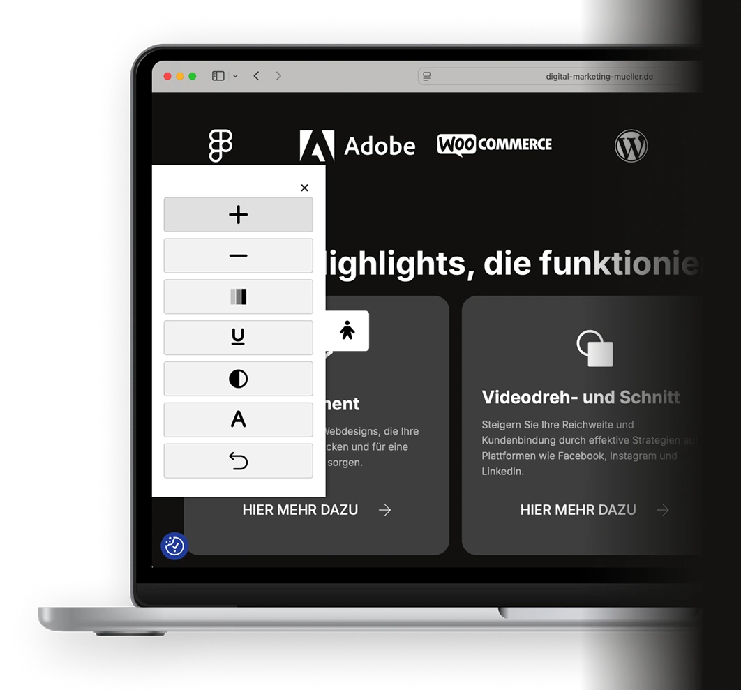 The Accessibility Helper Plugin User Ansicht mit Sidebar die gerade ausgefahren ist - jetzt downloaden